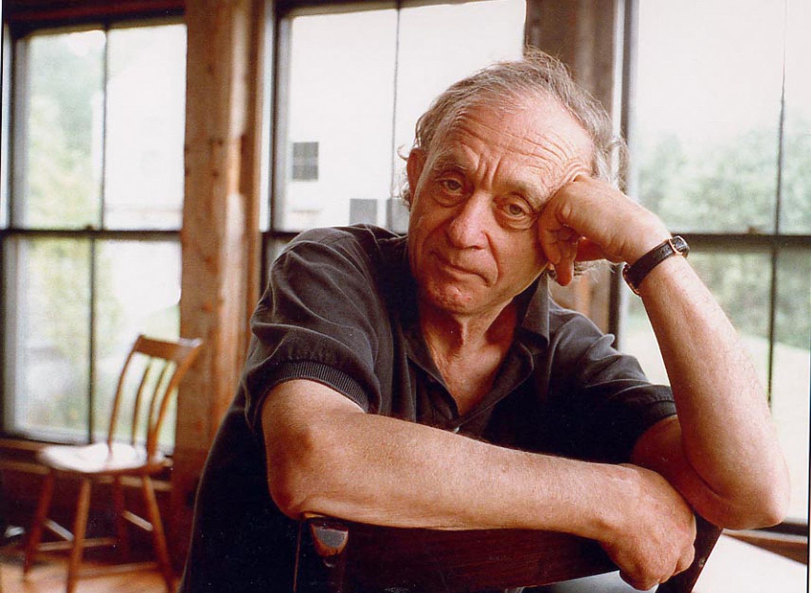Filmmaker Frederick Wiseman is pictured sitting at a desk with one hand raised to prop up his head and the other arm resting on the desk. He is a white man in his 80s with curly grey hair, and is wearing a black golf shirt. He is looking directly into the camera. The background shows a bright, rustic room with big windows.