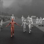 A computer simulation recreates the geography of the photograph "The Terror of War" with 3D stand-ins of children running down the street during the Vietnam War with press and photographers on both sides of the frame.