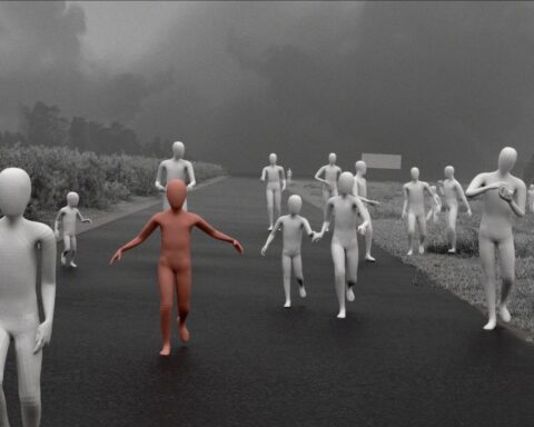 A computer simulation recreates the geography of the photograph "The Terror of War" with 3D stand-ins of children running down the street during the Vietnam War with press and photographers on both sides of the frame.