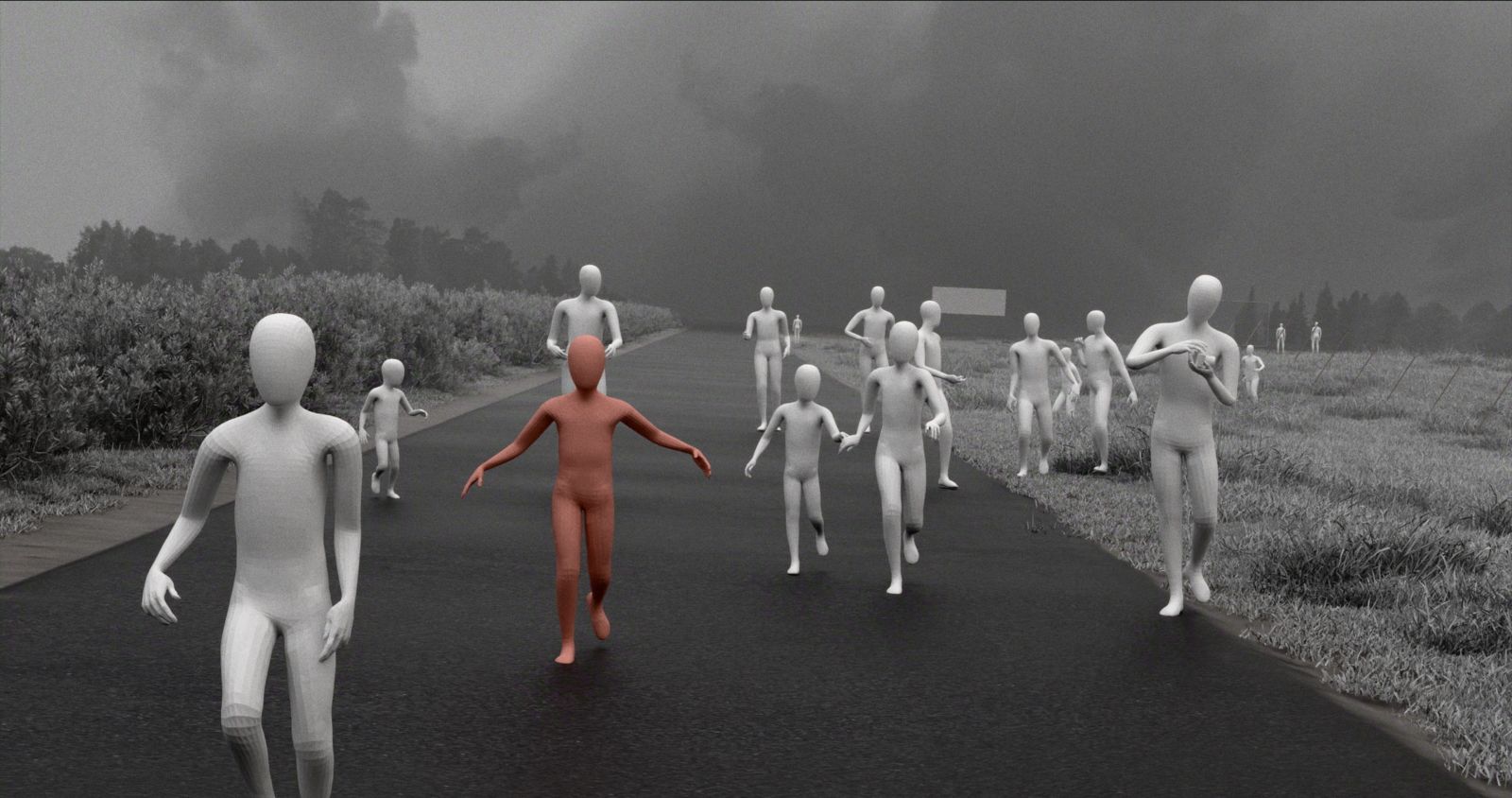 A computer simulation recreates the geography of the photograph "The Terror of War" with 3D stand-ins of children running down the street during the Vietnam War with press and photographers on both sides of the frame.