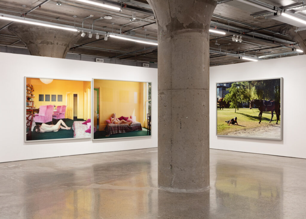 Jeff Wall, Summer Afternoons, 2013. Two lightjet prints, Fallen rider, 2022. Inkjet print. Courtesy Gagosian. Jeff Wall Photographs 1984–2023, installation view, MOCA Toronto, 2025. Photo: LF Documentation. © Jeff Wall.