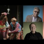 A splitscreen image shows an archival image of a 1970s stage production on the left. There are actors crouched together wearing colourful hippie costumes. On the right side, the screen is split into quadrants with four actors giving interviews with a different coloured background, going clockwise as red, yellow, green, and blue.