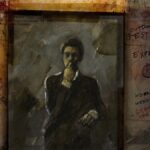 A dark pastel portrait of a man wearing a suit. His hand is to his chin, expressing deep thought. The image is a sombre palette of browns and greys.