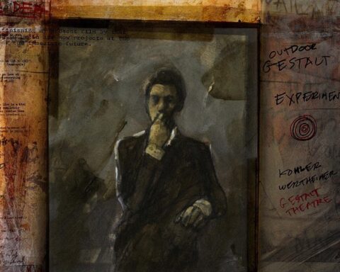 A dark pastel portrait of a man wearing a suit. His hand is to his chin, expressing deep thought. The image is a sombre palette of browns and greys.