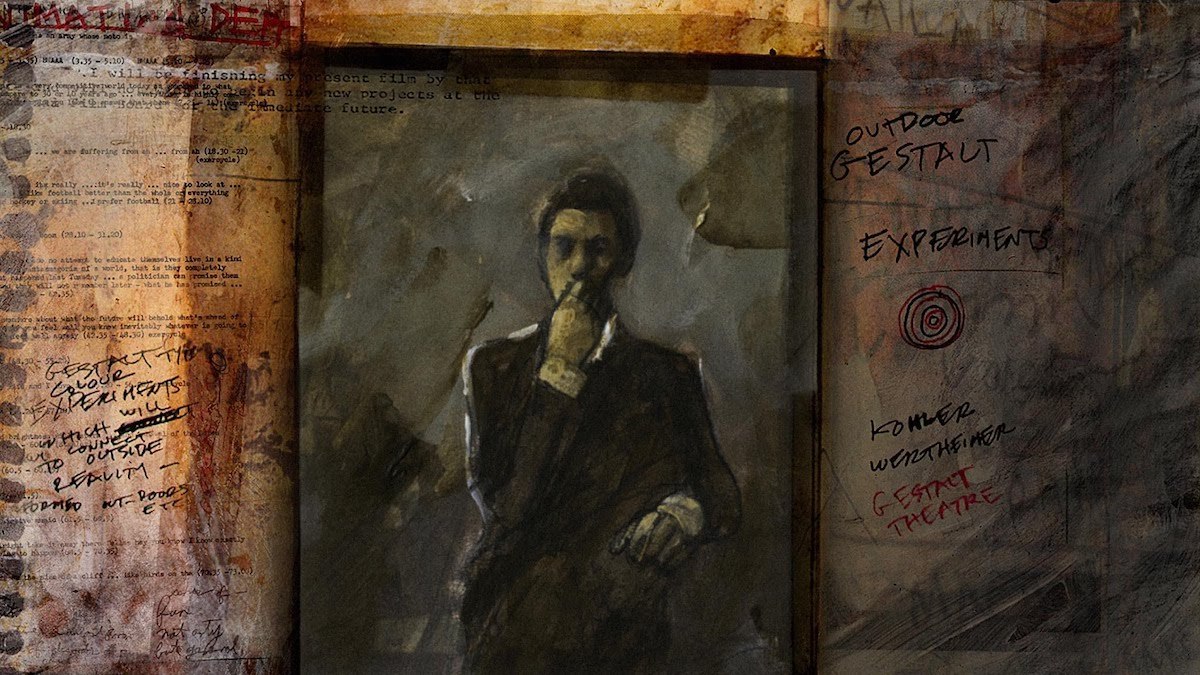 A dark pastel portrait of a man wearing a suit. His hand is to his chin, expressing deep thought. The image is a sombre palette of browns and greys.