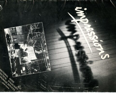 A cover of an old magazine displays a black and white image with the title 'Impressions' written in white text with a line underneath.