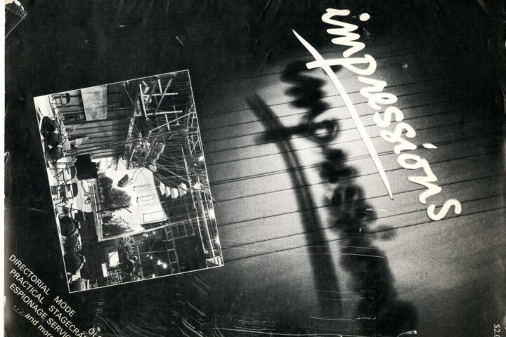 A cover of an old magazine displays a black and white image with the title 'Impressions' written in white text with a line underneath.