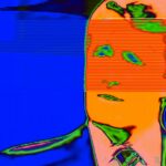 A fuzzy TV image in blue and orange negative shows Brian Mulroney giving an interview.