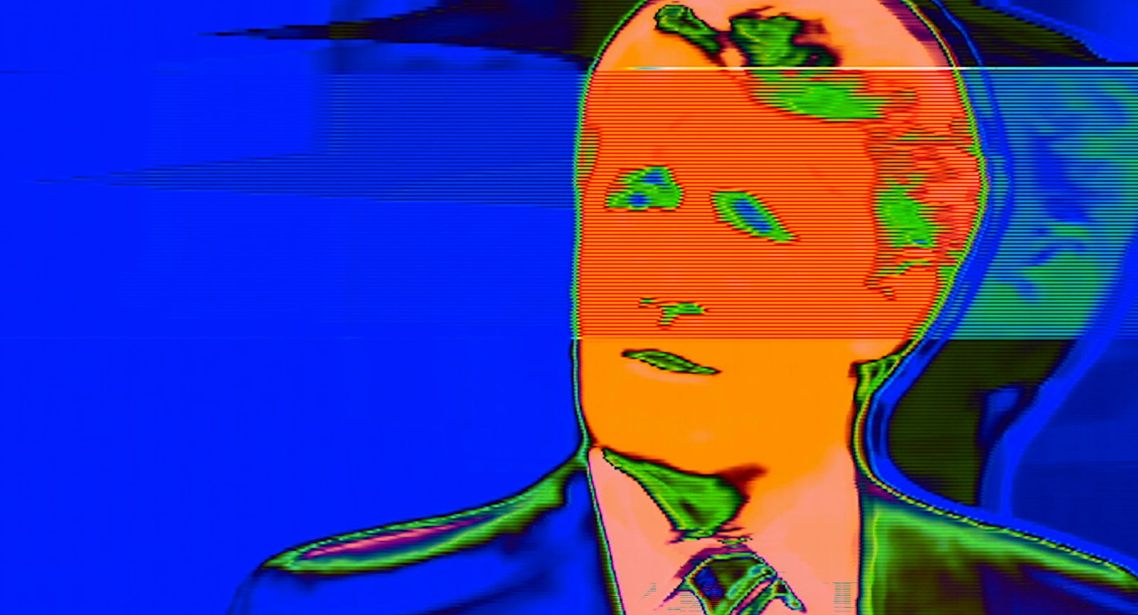 A fuzzy TV image in blue and orange negative shows Brian Mulroney giving an interview.