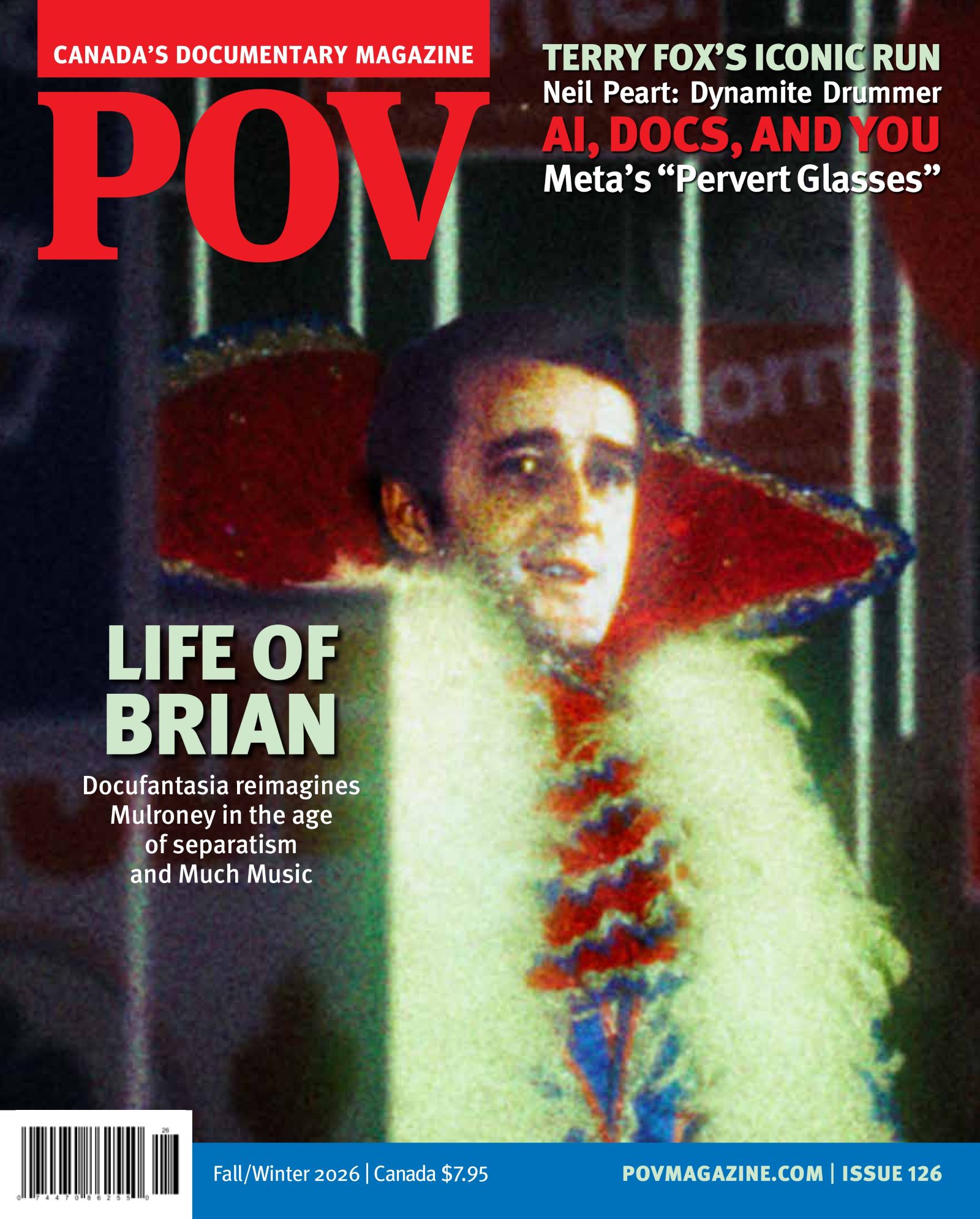 Prime Minster Brian Mulroney appears in a fantastical image. He is pictured from the waist up wearing a flamboyant Liberace-style coat. There is a dazzling background behind him with campaign signs. He looks pale and a bit like a vampire.