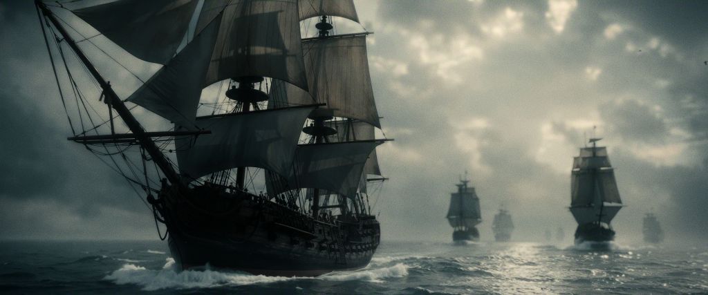 A computer generated image shows a fleet of tall ships sailing on a cloudy day.