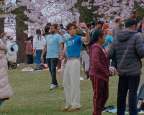 An influencer takes a selfie in High Park with many cherry blossoms in the background. He is a skinny white boy in a boy cropped t-shirt and white pants. The park is busy and full of pink cherry blossoms on the trees.
