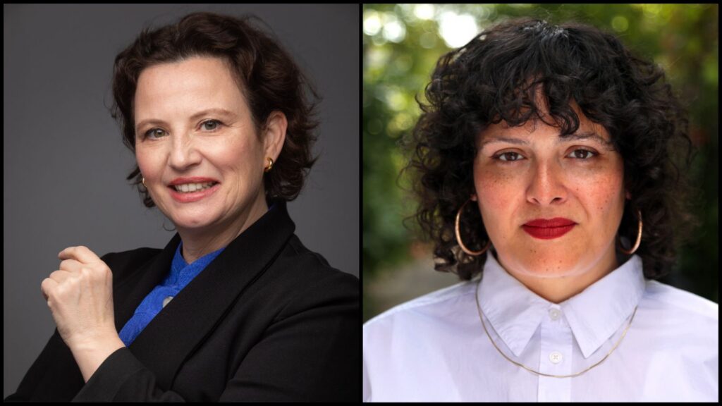 Diana Sanchez, pictured on the left, is a Latina-Canadian wearing a black blazer and blue suit. She is facing the camera, positioned to her side, and has her left hand raised slightly above her chest. Mara Gourd-Mercado, pictured on the right, is a Latina-Canadian woman pictured in close up. She is wearing a white collared short and is looking directly into the camera.