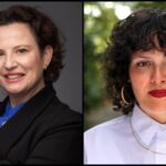 Diana Sanchez, pictured on the left, is a Latina-Canadian wearing a black blazer and blue suit. She is facing the camera, positioned to her side, and has her left hand raised slightly above her chest. Mara Gourd-Mercado, pictured on the right, is a Latina-Canadian woman pictured in close up. She is wearing a white collared short and is looking directly into the camera.