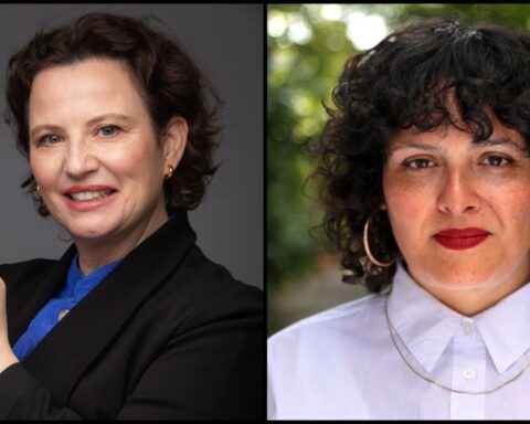 Diana Sanchez, pictured on the left, is a Latina-Canadian wearing a black blazer and blue suit. She is facing the camera, positioned to her side, and has her left hand raised slightly above her chest. Mara Gourd-Mercado, pictured on the right, is a Latina-Canadian woman pictured in close up. She is wearing a white collared short and is looking directly into the camera.