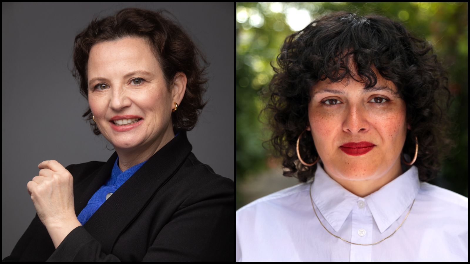 Diana Sanchez, pictured on the left, is a Latina-Canadian wearing a black blazer and blue suit. She is facing the camera, positioned to her side, and has her left hand raised slightly above her chest. Mara Gourd-Mercado, pictured on the right, is a Latina-Canadian woman pictured in close up. She is wearing a white collared short and is looking directly into the camera.
