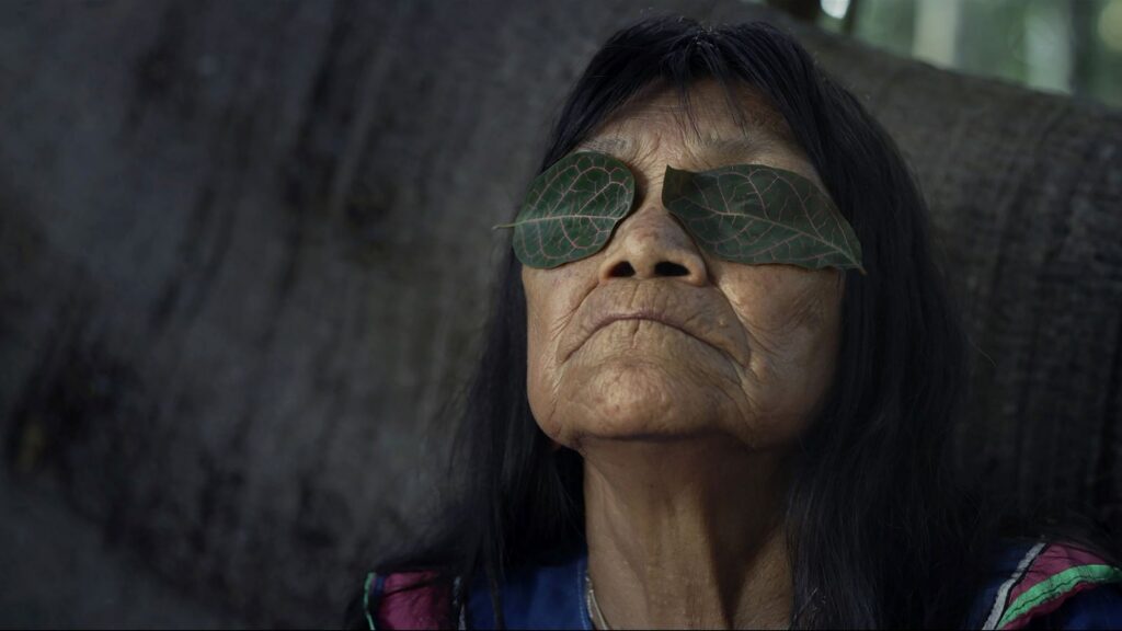 Indigenous artist Sara Flores leans back against a tree with leaves over her eyes. She is pictured in close up. She is a 76-year-old woman with black hair.