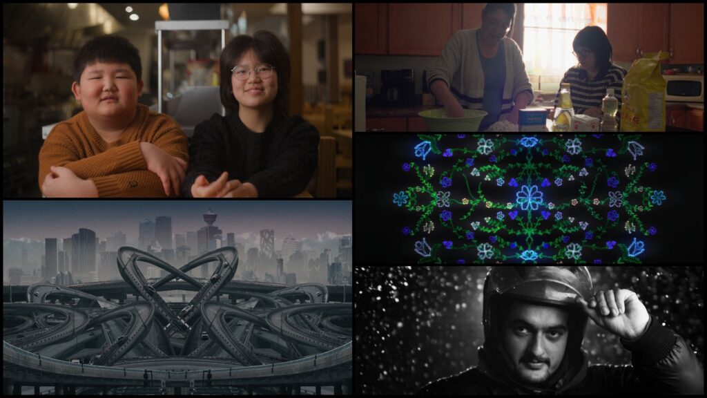 A collage of film film stills includes a pair of Chinese-Canadian kids in a restaurant booth, an animated cityscape, a Cree mother and daughter making bannock, an animated beadwork design, and a black and white photo of a delivery driver.
