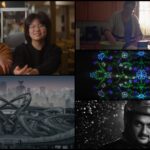 A collage of film film stills includes a pair of Chinese-Canadian kids in a restaurant booth, an animated cityscape, a Cree mother and daughter making bannock, an animated beadwork design, and a black and white photo of a delivery driver.