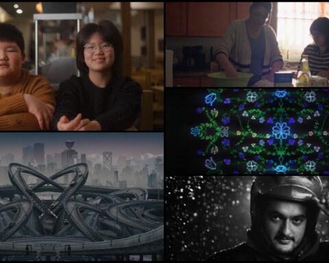 A collage of film film stills includes a pair of Chinese-Canadian kids in a restaurant booth, an animated cityscape, a Cree mother and daughter making bannock, an animated beadwork design, and a black and white photo of a delivery driver.