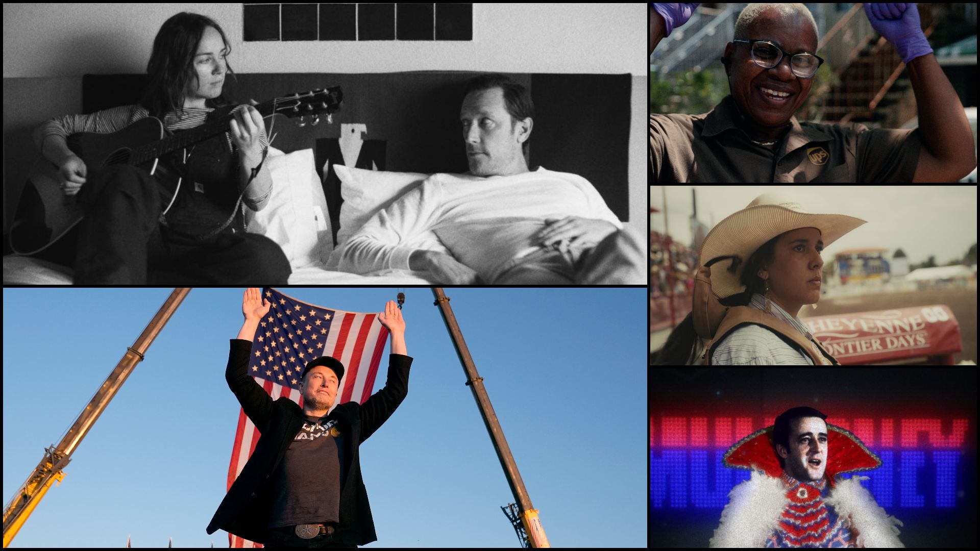 A collage of five film stills from TIFF docs