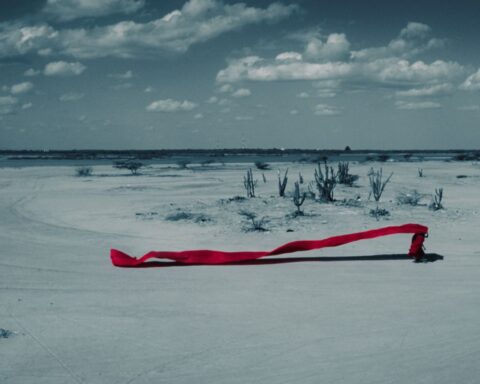 A long shot displays a person walking through a desert and holding a long billowing piece of red fabric that flows in the wind behind them.